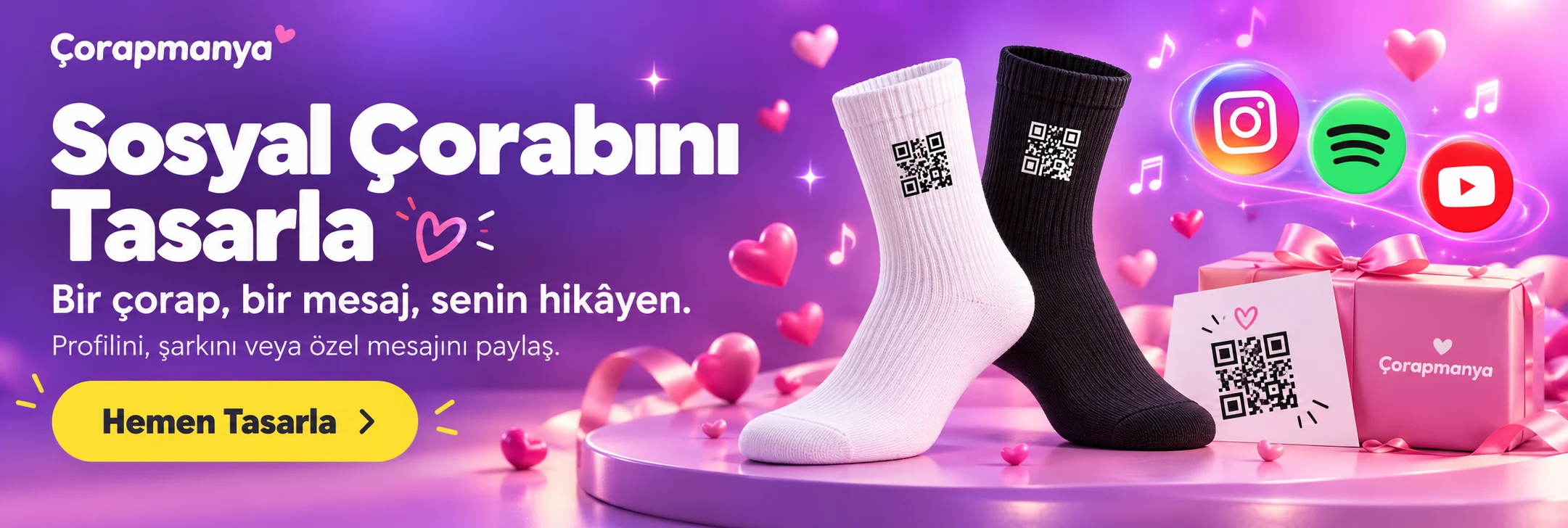 Sosyal Çorabını Tasarla: siyah ve beyaz QR çorapları, sosyal medya ve hediye kutusu
