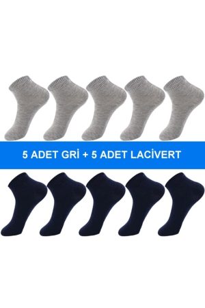 10 Çift Pamuklu Gri-lacivert Erkek Patik Çorap Bilek Boy