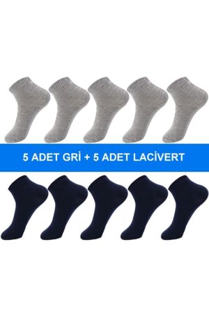 10 Çift Pamuklu Gri-lacivert Erkek Patik Çorap Bilek Boy