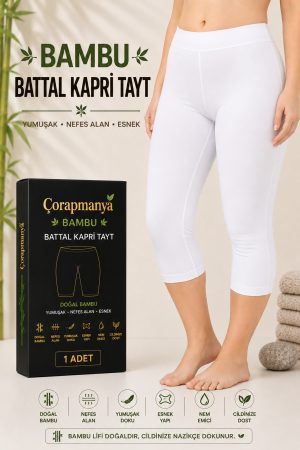 Kadın Bambu Büyük Beden Kapri Tayt Siyah - Beyaz - Ten