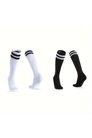 2 Çift Siyah - Beyaz Çizgili Unisex Diz Altı Pamuklu Kolej Tenis Çorap - Futbol + Tenis + Spor