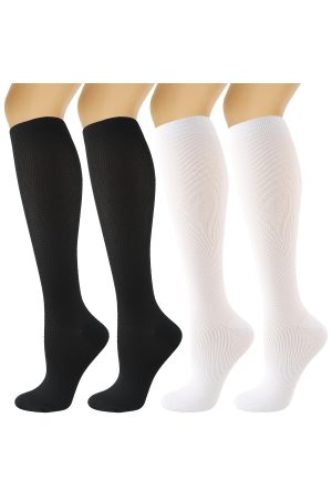 2 Çift Siyah - Beyaz Çizgili Unisex Diz Altı Pamuklu Kolej Tenis Çorap - Futbol + Tenis + Spor
