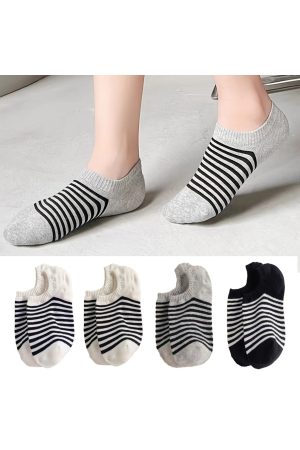 4 Çift Çizgili Kadın Çok Renkli Görünmez Sneaker Çorap