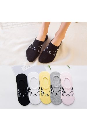 5 Çift Sevimli Çok Renkli Kedi Karikatür Desenli Kadın Görünmez Sneaker Çorap