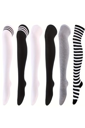 3 Çift Siyah - Beyaz Çizgili Unisex Diz Üstü Pamuklu Kolej Tenis Çorap - Futbol + Tenis + Spor