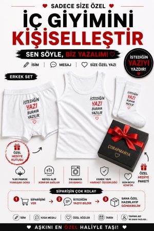 Size Özel Yazılı Erkek Boxer + Atlet + Çorap Siyah - Beyaz