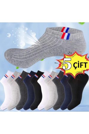5 Çift Pamuklu Çok Renkli Rahat Kaymaz Erkek Spor Patik Çorap Bilek Boy