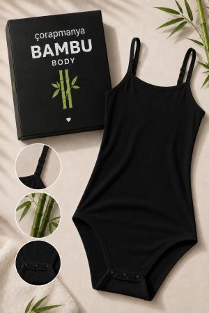Kadın Bambu İp Askılı Çıtçıtlı Body Siyah - Beyaz