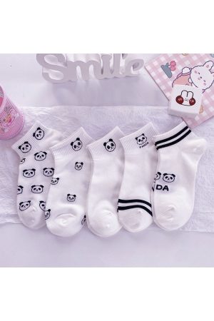 5 Çift Panda Desenli Yarım Konç Kadın Kolej Çorap