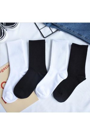 4 Çift Paket Siyah Beyaz Çizgisiz Pamuklu Kolej Tenis Çorabı