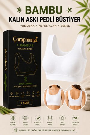 Kadın Bambu Kalın Askılı Pedli Bustiyer Siyah - Beyaz - Ten