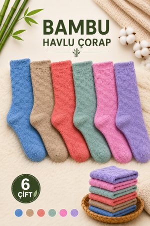 6 Çift Kışlık Bambu Desenli Kadın Soket Havlu Çorap