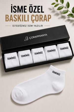 5 Çift İsminize Özel Siyah - Beyaz Patik Çorap (Kutulu)