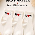 3 Çift İsminize Özel Kalpli Yarım Konç Çorap (Kutulu)