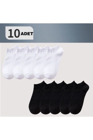 10 Çift Pamuklu Siyah-beyaz Erkek Patik Çorap Bilek Boy