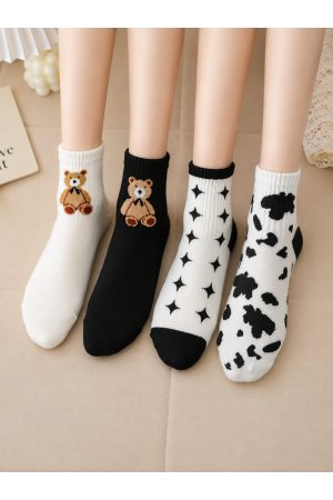4 Çift Siyah Beyaz Teddy Bear - Yıldız - Dama Desenli Tenis Yarım Konç / Kolej Çorap