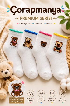 4 Çift Teddy Desenli Yüksek Kalite Kadın Kolej - Tenis Çorap Dikişsiz - Yıkanmış - Silikonlu (Premium Seri)