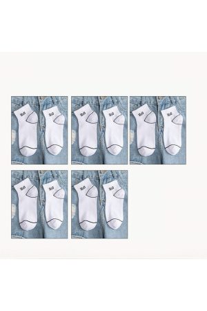 5 Çift Yarım Konç Çizgili-çizgisiz / Beyaz Unisex Kolej Tenis Çorap