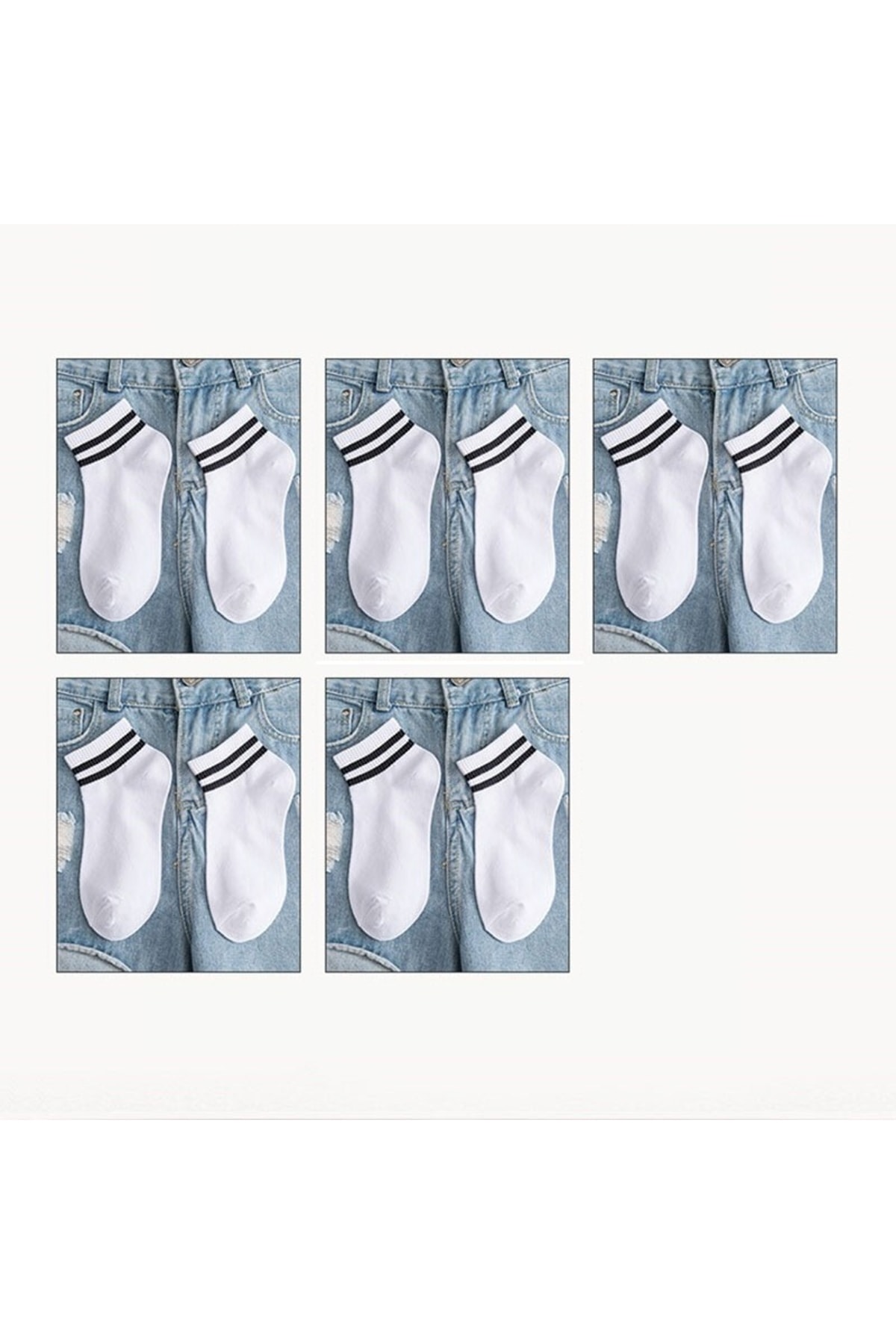 5 Çift Yarım Konç Çizgili-çizgisiz / Beyaz Unisex Kolej Tenis Çorap - Görsel 2