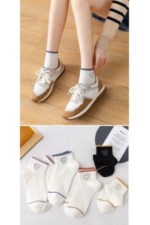 5 Çift Yarım Konç Ayıcık Desenli Beyaz Unisex Kolej Tenis Çorap