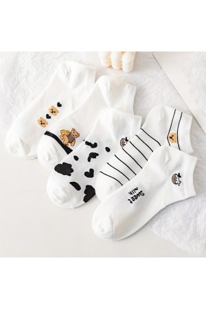 5 Çift Panda / Inek Desenli Beyaz Desenli Kadın Patik Çorap