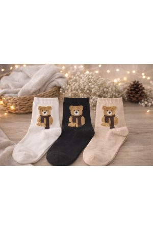 3 Çift Çok Renkli Tüylü Teddy Bear Desenli Tenis Kolej Çorap