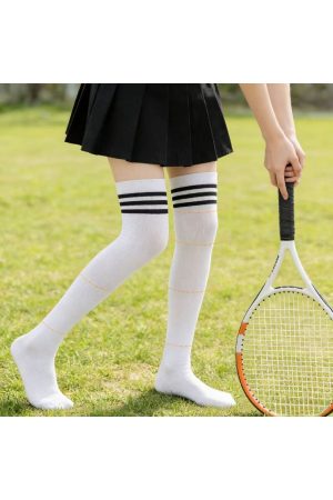 2 Çift Beyaz Çizgili Diz Üstü Unisex Kolej - Tenis Çorap