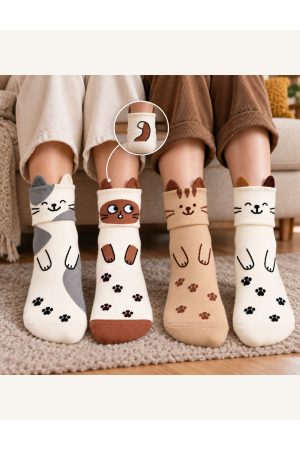 4 Çift Kedi Desenli Çok Renkli Kadın 3 Boyutlu Kışlık Soket Bot Çorabı