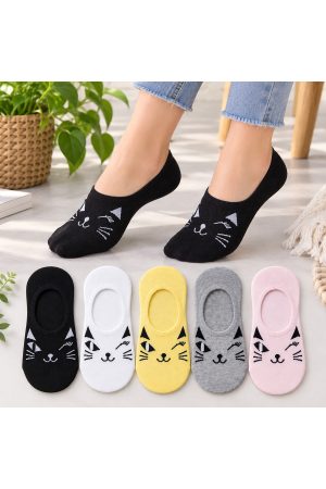 5 Çift Sevimli Çok Renkli Kedi Karikatür Desenli Kadın Görünmez Sneaker Çorap