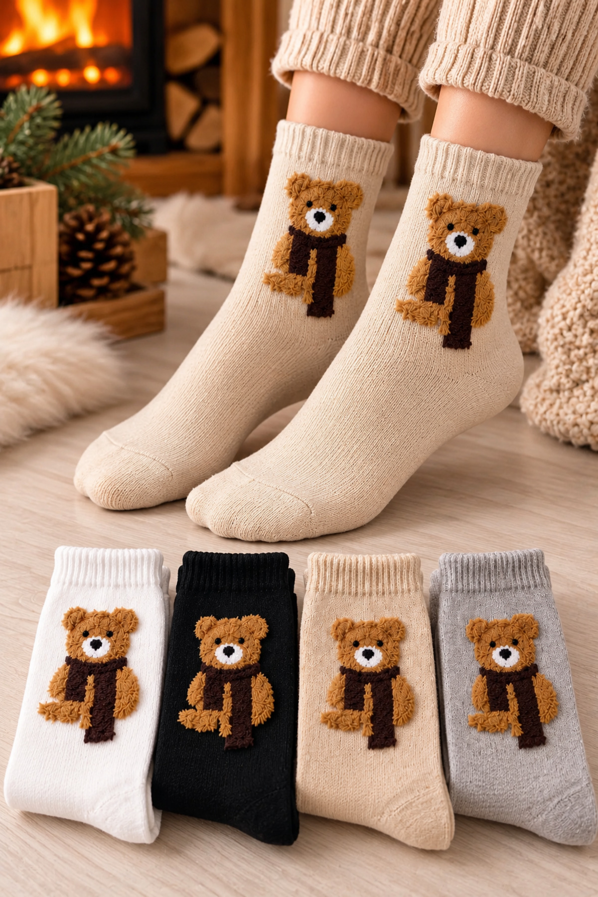 4 Çift Çok Renkli Tüylü Teddy Bear Desenli Tenis Kolej Çorap Serisi