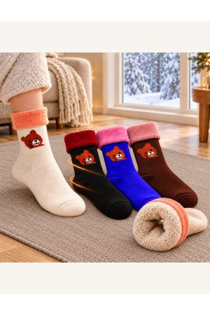 4 Çift Ayı Desenli Çok Renkli Teddy Bear Kadın Bot Çorabı Havlu Kışlık Rahat Çorap