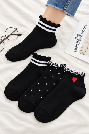 4 Çift Yarım Konç Çizgili-çizgisiz / Siyah Beyaz Fırfırlı Unisex Kolej Tenis Çorap